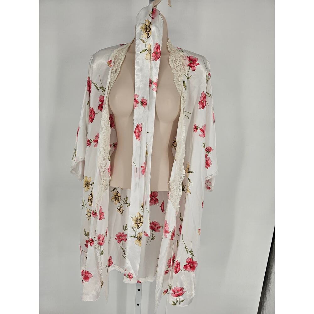 Vintage 1990s Barbizon Womens White Satin Knee Length Robe Pink Floral